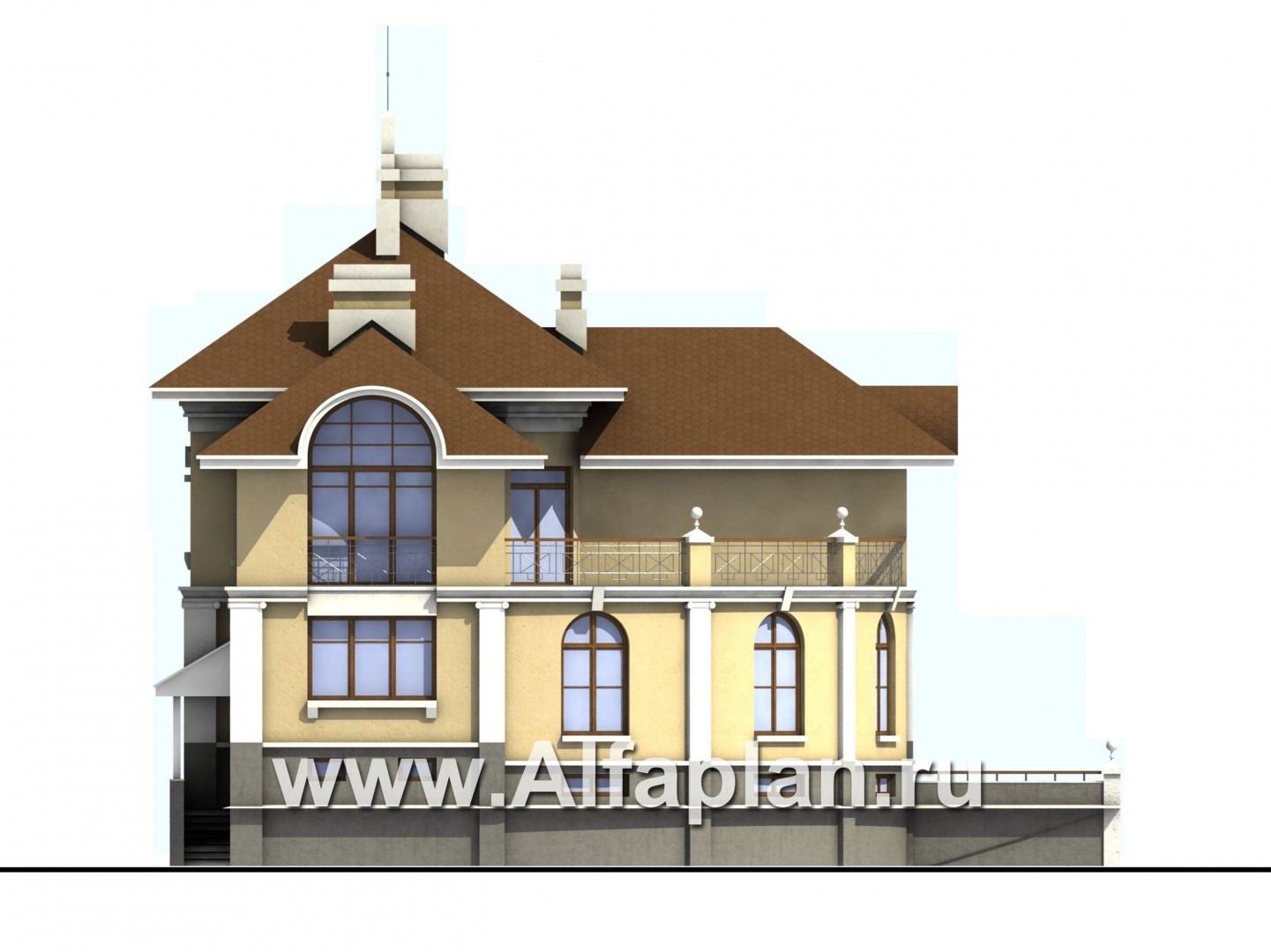 Проекты домов Альфаплан - Проект дома из кирпича «Флоренция» в классическом стиле, с террасой, и с цокольным этажом - изображение фасада №3
