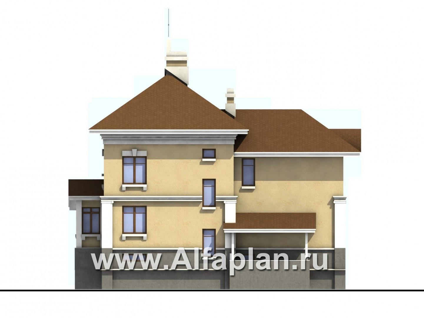 Проекты домов Альфаплан - Проект дома из кирпича «Флоренция» в классическом стиле, с террасой, и с цокольным этажом - изображение фасада №4