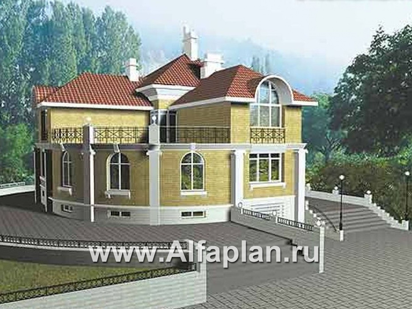 Проекты домов Альфаплан - Проект дома из кирпича «Флоренция» в классическом стиле, с террасой, и с цокольным этажом - дополнительное изображение №1