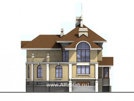 Проекты домов Альфаплан - Проект дома из кирпича «Флоренция» в классическом стиле, с террасой, и с цокольным этажом - превью фасада №1