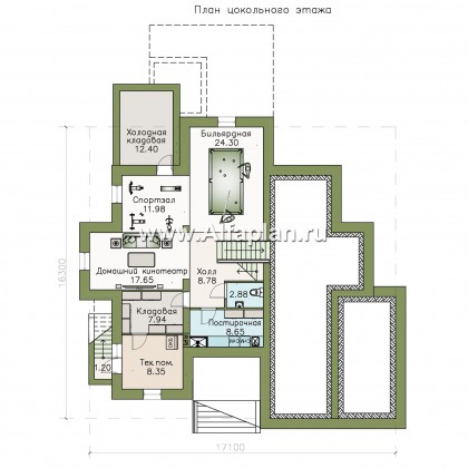 «Современник» - проект двухэтажного дома, с гаражом, с сауной, вторым светом гостиной, с цокольным этажом - превью план дома