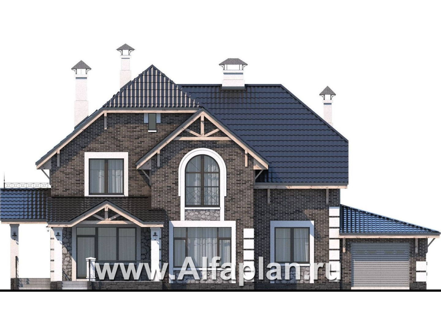 Проекты домов Альфаплан - «Ясная поляна» - проект двухэтажного дома, с гаражом, с эркером и с бильярдной - изображение фасада №1