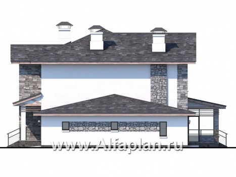 Проекты домов Альфаплан - «Снежная страна» - изящный коттедж с террасами и гаражом - превью фасада №2