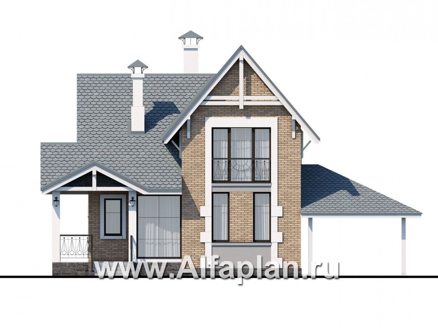 Проекты домов Альфаплан - Коттедж из кирпича «Кадет» - навесом - изображение фасада №1