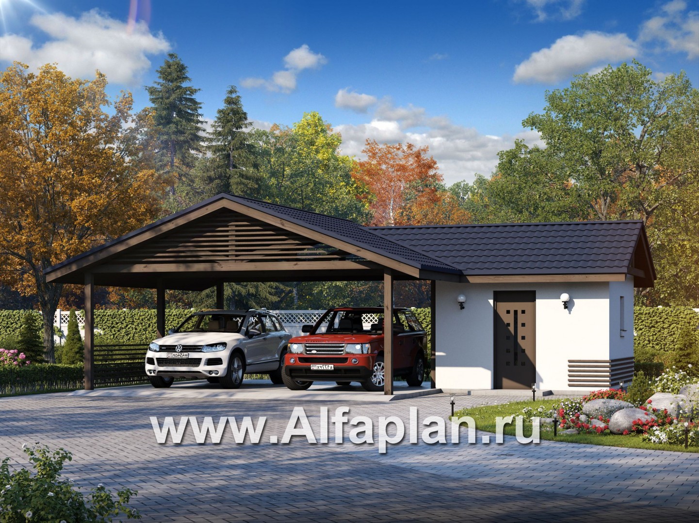 Проекты домов Альфаплан - Навес-стоянка для машин с небольшой кладовой - основное изображение