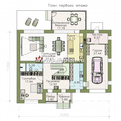 «Седьмая высота» - проект двухэтажного современного дома, с сауной и с террасой, с гаражом - превью план дома