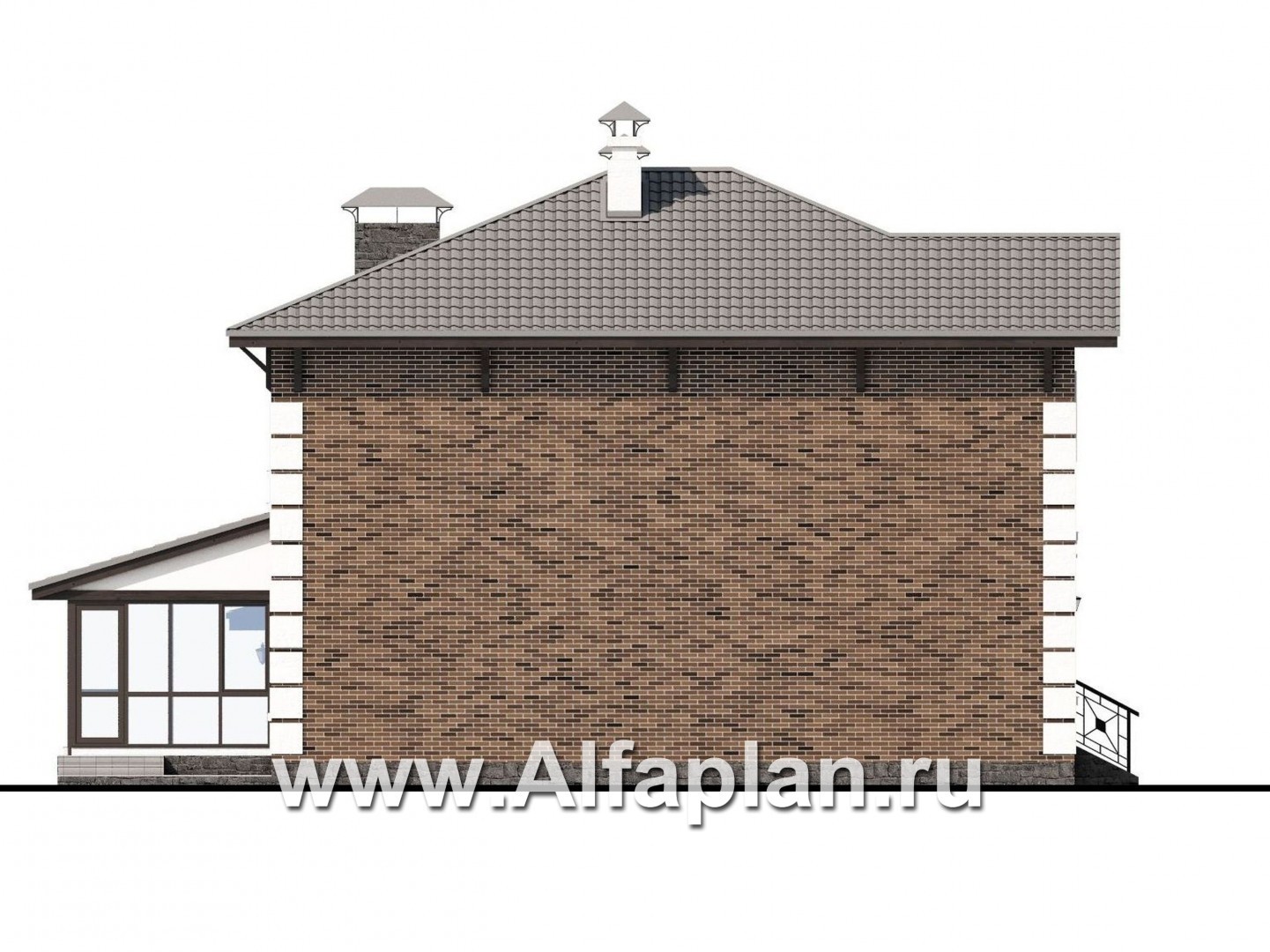 Проекты домов Альфаплан - «Седьмая высота» - проект двухэтажного дома, лестница в центре, с кабинетом и с сауной, с гаражом - изображение фасада №3