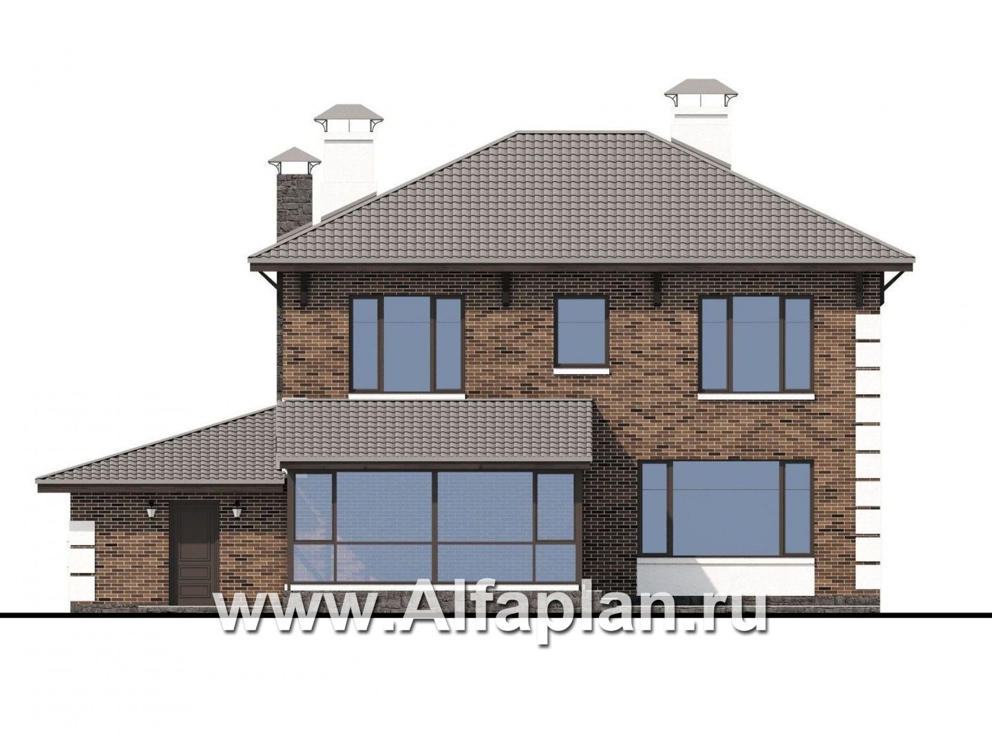 Проекты домов Альфаплан - «Седьмая высота» - проект двухэтажного дома, лестница в центре, с кабинетом и с сауной, с гаражом - изображение фасада №4