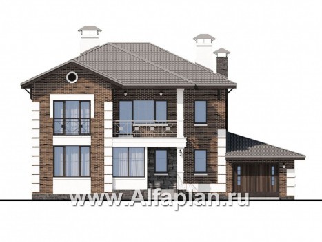 Проекты домов Альфаплан - «Седьмая высота» - проект двухэтажного дома, лестница в центре, с кабинетом и с сауной, с гаражом - превью фасада №1