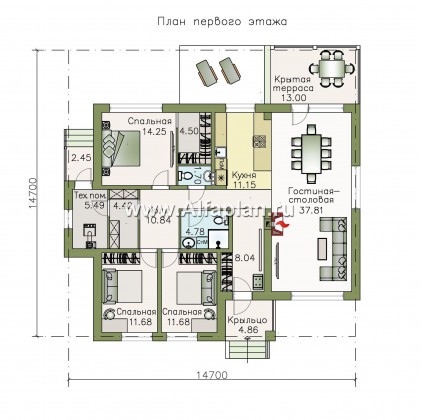 «Выбор удачи» - проект современного одноэтажного дома, из кирпичей или блоков - превью план дома