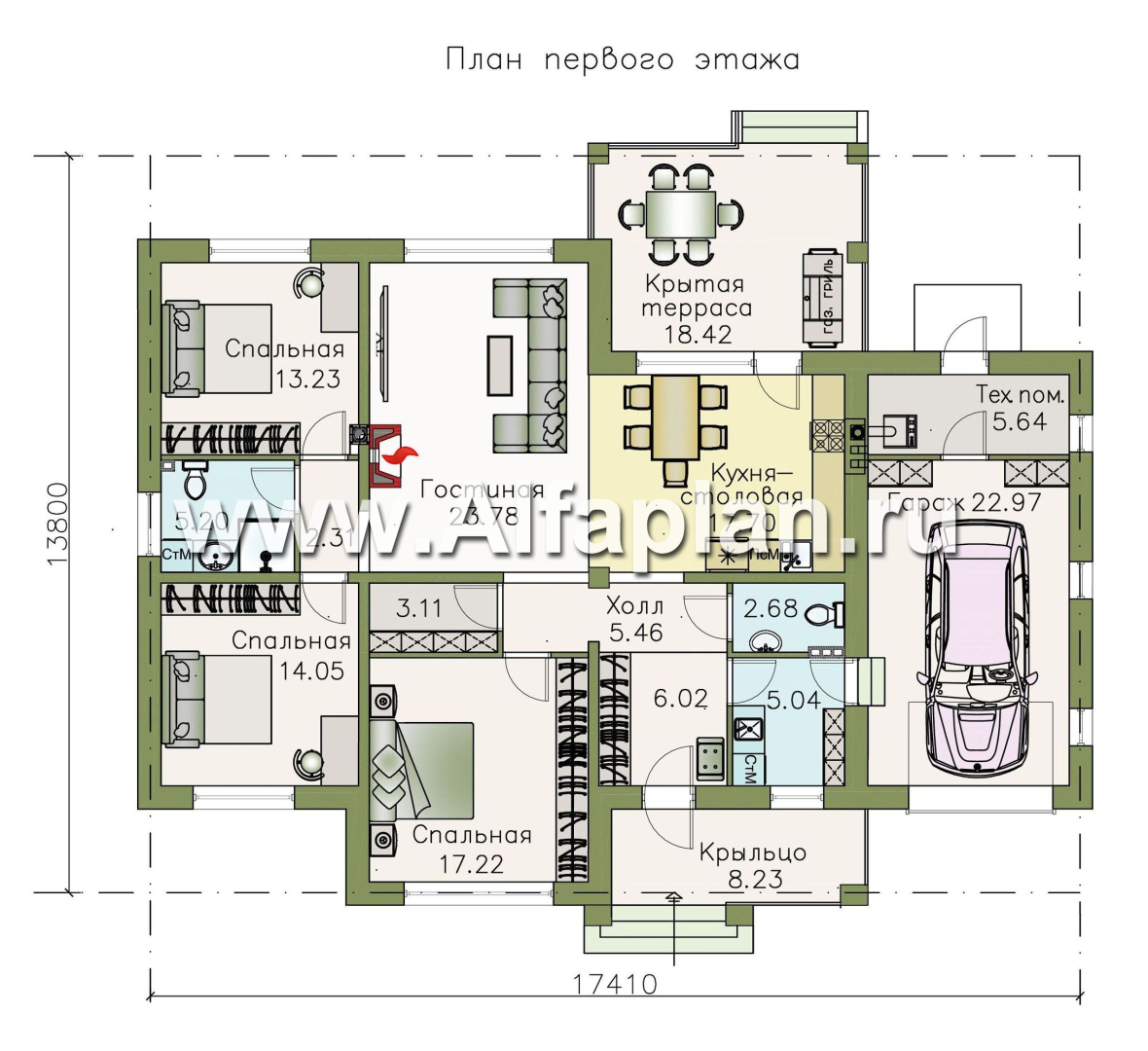 Проекты домов Альфаплан - «Жасмин» - одноэтажный дом с гаражом в классическом стиле - изображение плана проекта №1
