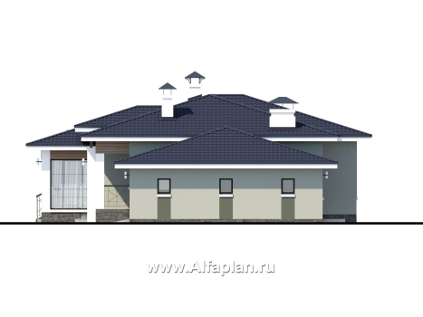 «Теплый очаг» - проект одноэтажного дома, с гаражом и верандой, в стиле Райта - превью фасада дома