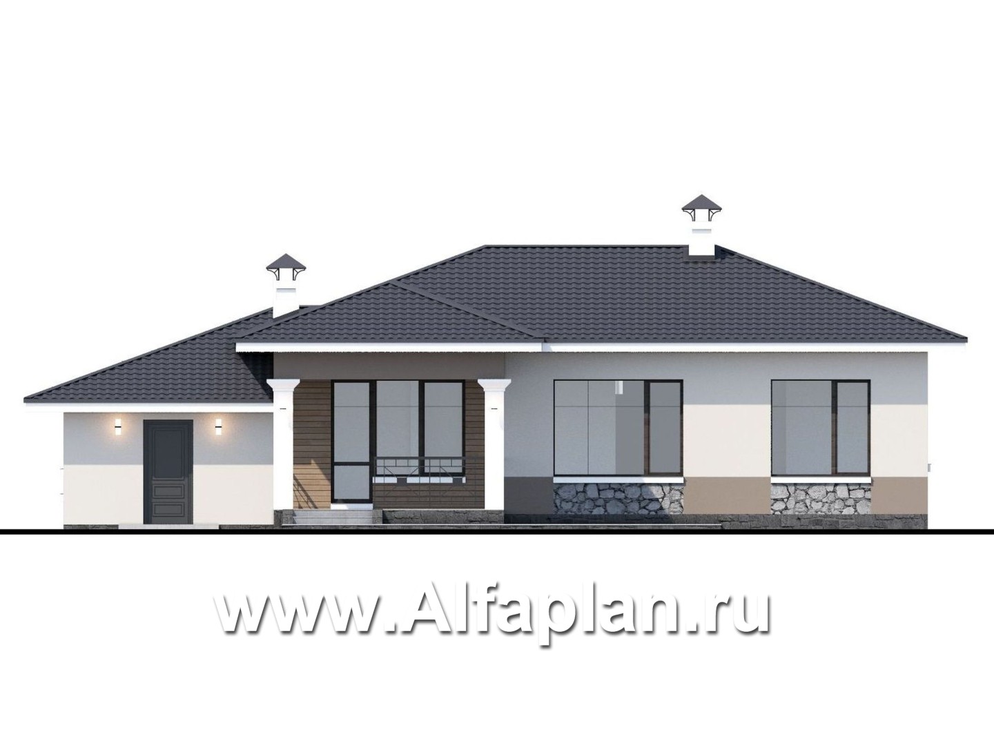 «Новый свет» - проект одноэтажного дома с эркером и с гаражом, для небольшой семьи - фасад дома