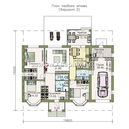 «Новый свет» - проект одноэтажного дома с эркером и с гаражом, для небольшой семьи - превью план дома