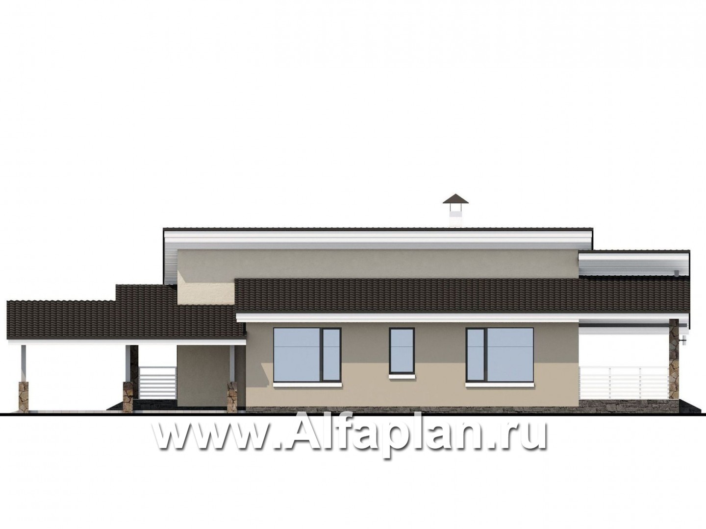 «Дриада» - проект одноэтажного дома, с террасой, с навесом на 1 авто, в современном стиле - фасад дома