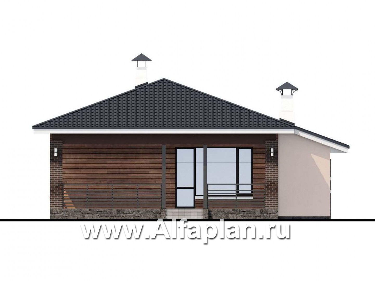 Проекты домов Альфаплан - «Каллиопа» - одноэтажный дом с террасой и гаражом (три спальни) - изображение фасада №4