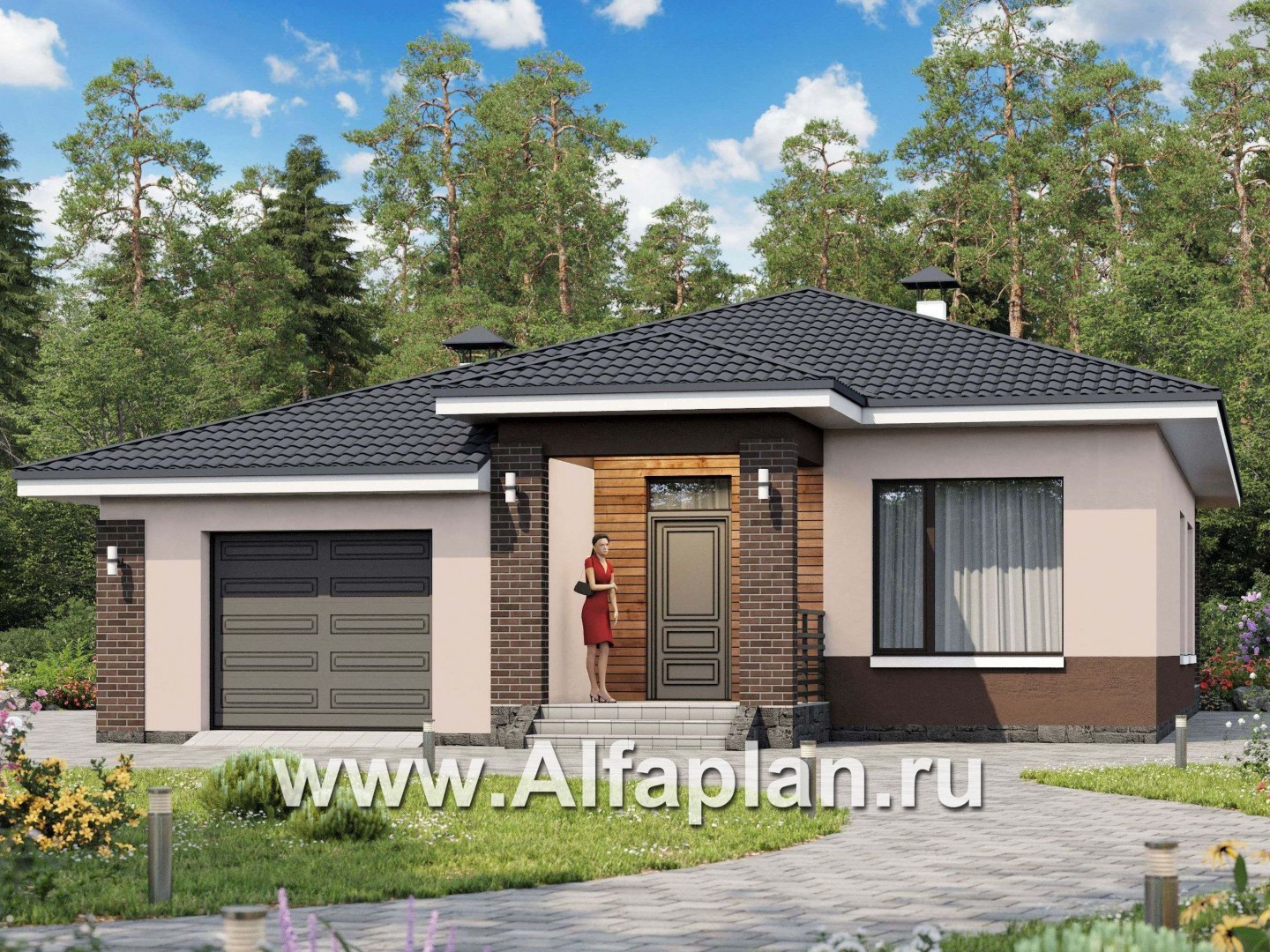 Проекты домов Альфаплан - «Каллиопа» - одноэтажный дом с террасой и гаражом (три спальни) - основное изображение