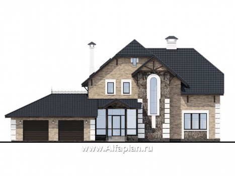 Проекты домов Альфаплан - «Ясная поляна»- коттедж для большой семьи с гаражом на два автомобиля - превью фасада №1