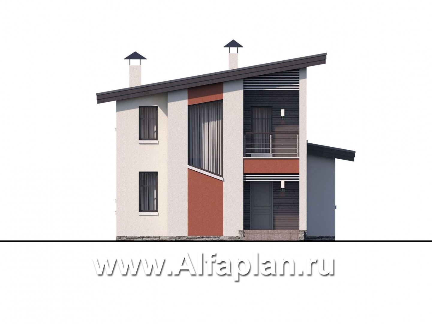 «Рациональ» - современный проект двухэтажного дома с террасой и с балконом, с односкатной кровлей - фасад дома