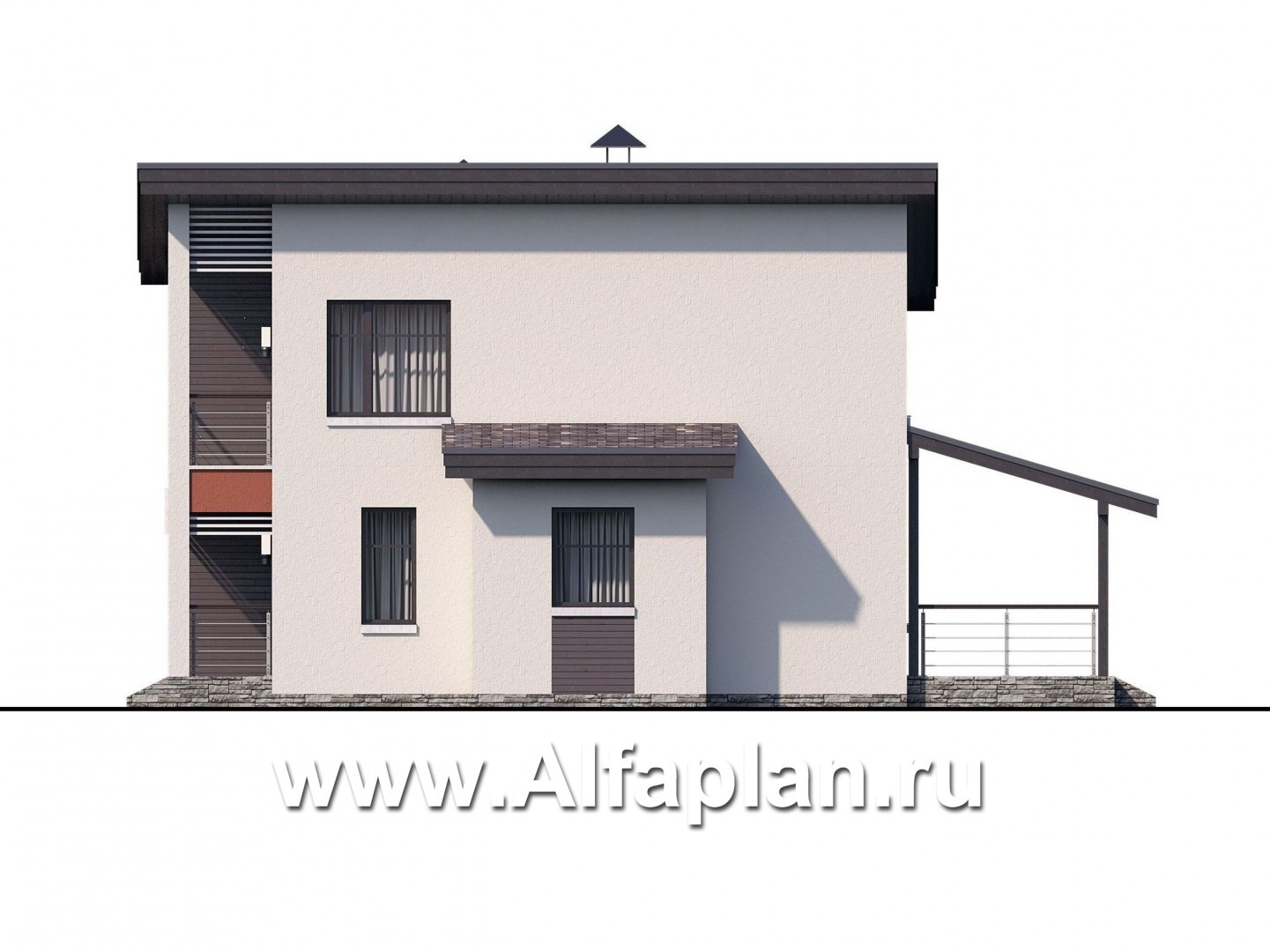 «Рациональ» - современный проект двухэтажного дома с террасой и с балконом, с односкатной кровлей - фасад дома