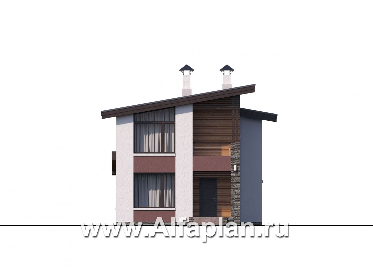 «Арс» - проект двухэтажного дома, с террасой и с балконом,  односкатная крыша, для узкого участка - фасад дома