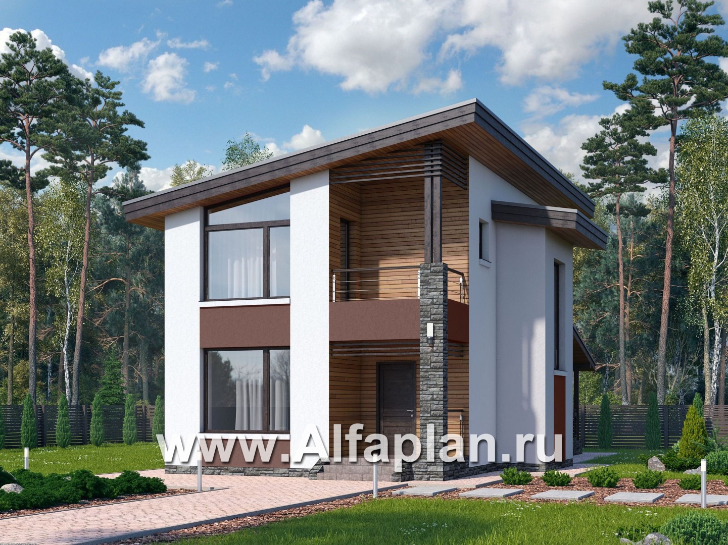 «Арс» - проект двухэтажного дома, с террасой и с балконом,  односкатная крыша, для узкого участка - основное изображение