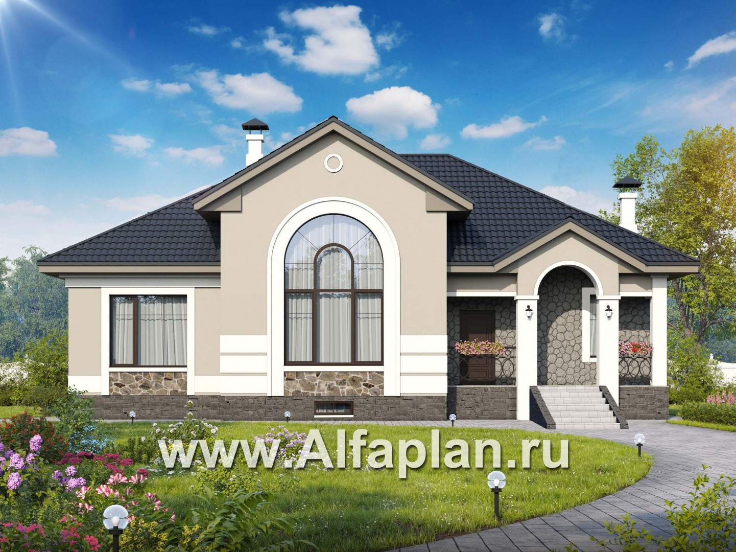 Проекты домов Альфаплан - «Волга» - коттедж с цоколем, тремя жилыми комнатами на 1 этаже и жилой мансардой - основное изображение