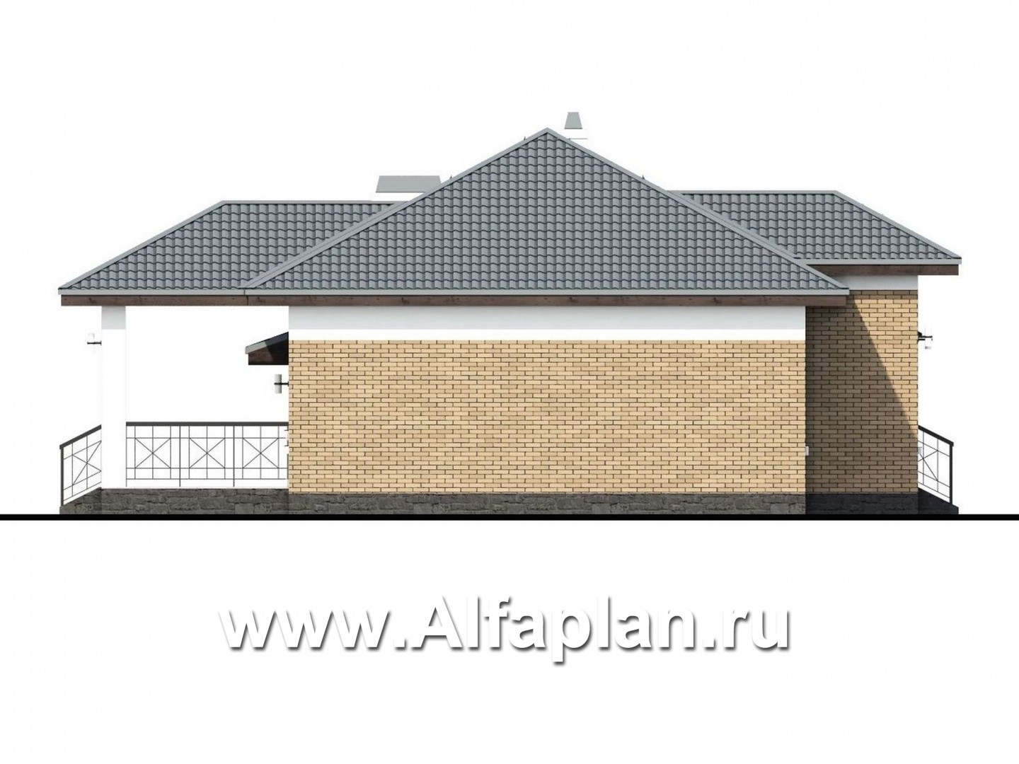 «Княженика» - проект одноэтажного дома, с террасой, планировка 2 спальни и сауна, гараж на 1 авто, для небольшой семьи - фасад дома