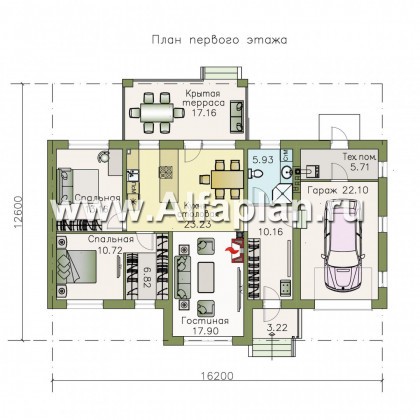 «Княженика» - проект одноэтажного дома, с террасой, планировка 2 спальни и сауна, гараж на 1 авто, для небольшой семьи - превью план дома