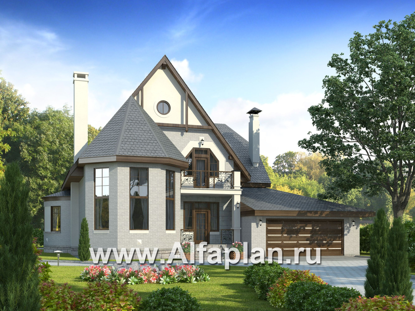 «Ленский» - проект двухэтажного дома, с мансардой и гаражом, для большой семьи в стиле модерн - дизайн дома №1