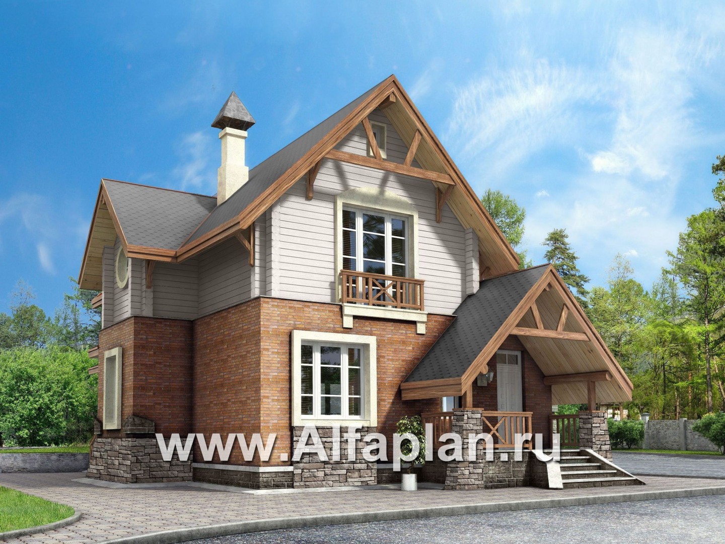 «Альпенхаус»- проект дома с мансардой, высокий потолок в гостиной, в стиле  шале, 1 эт из кирпича, 2 эт из бруса - дизайн дома №1