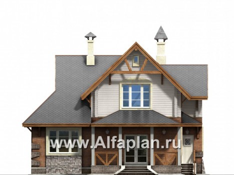 «Альпенхаус»- проект дома с мансардой, высокий потолок в гостиной, в стиле  шале, 1 эт из кирпича, 2 эт из бруса - превью фасада дома