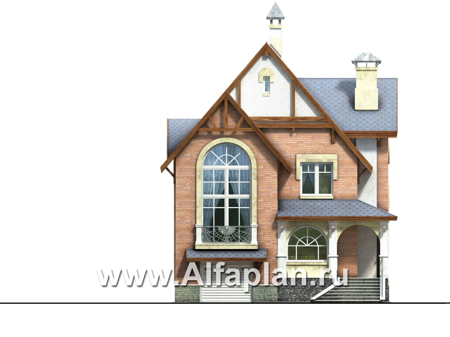 Проекты домов Альфаплан - Проект трехэтажного дома из газобетона «Индиго», со вторым светом, с гаражом в цоколе - изображение фасада №1