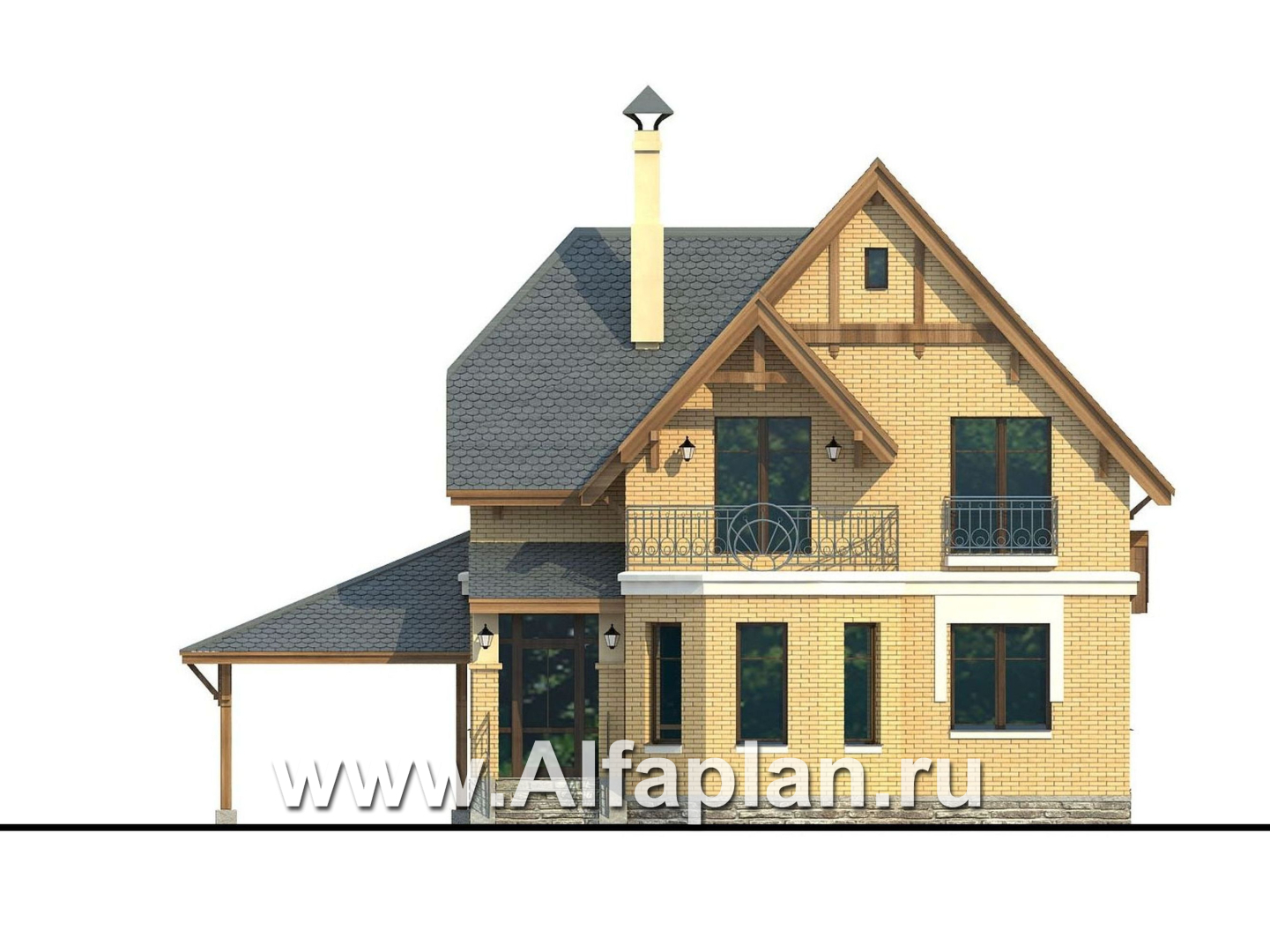 Проекты домов Альфаплан - Проект двухэтажного дома из газобетона «Шевалье», с эркером, с террасой и балконом - изображение фасада №1