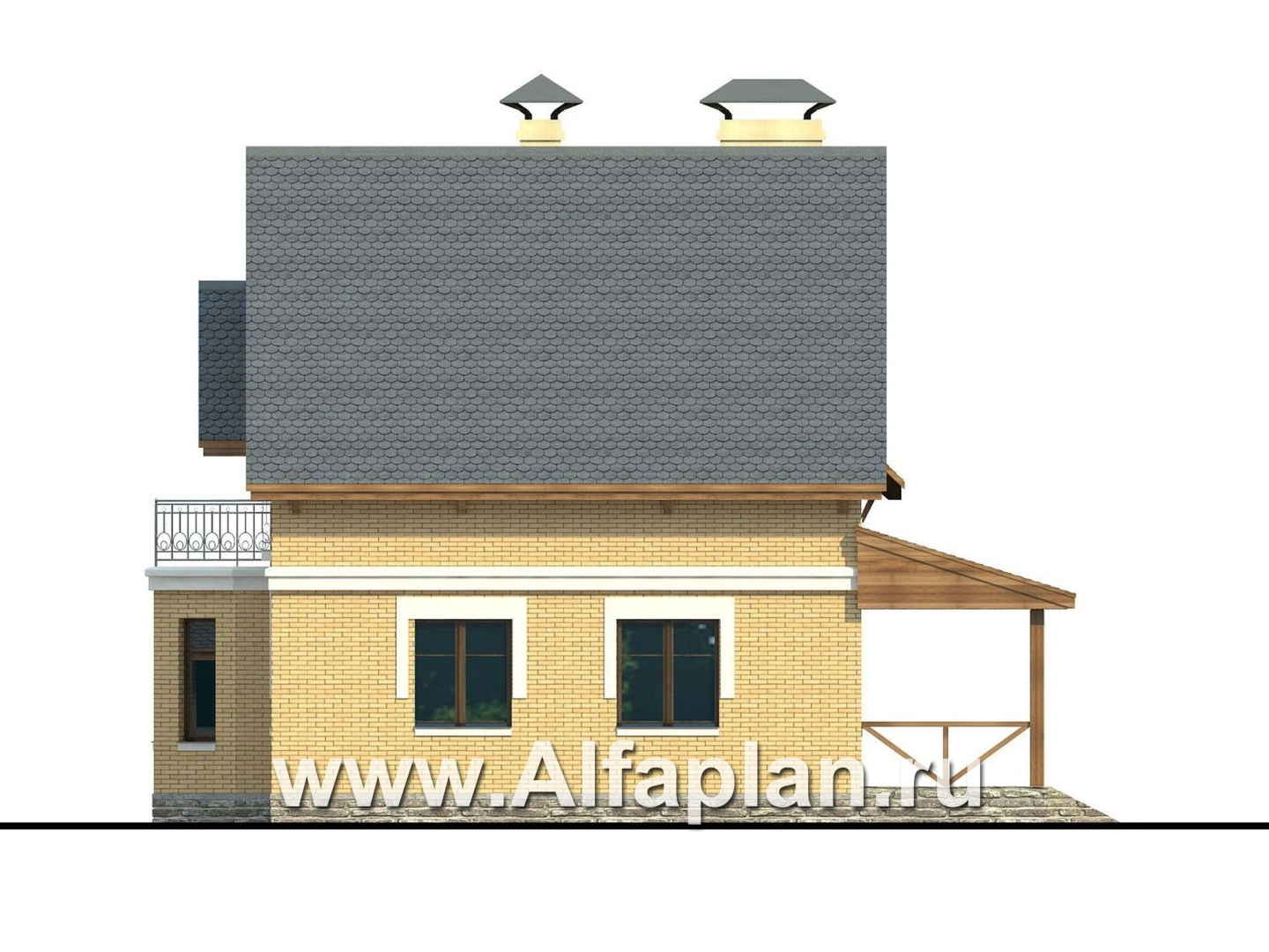 Проекты домов Альфаплан - Проект двухэтажного дома из газобетона «Шевалье», с эркером, с террасой и балконом - изображение фасада №2