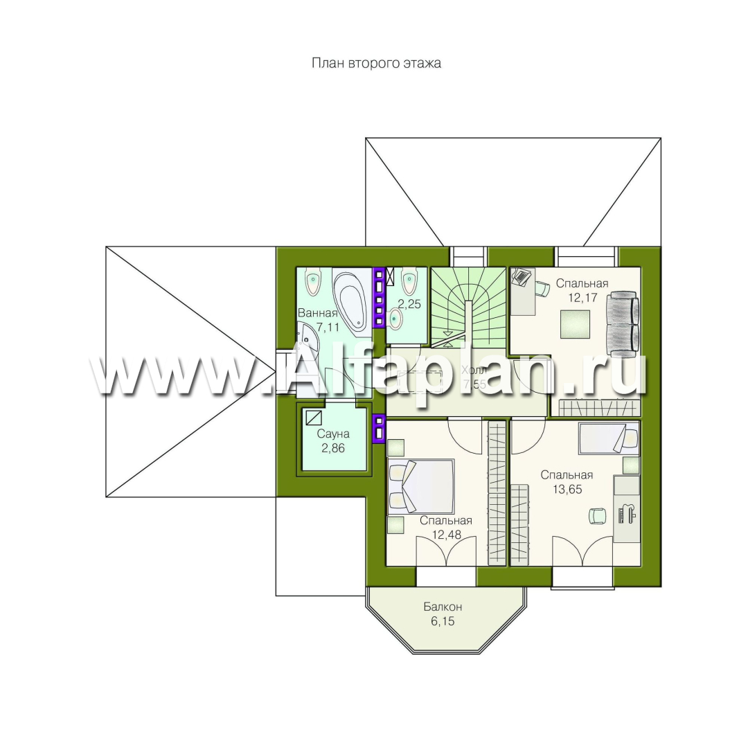 Проекты домов Альфаплан - Проект двухэтажного дома из газобетона «Шевалье», с эркером, с террасой и балконом - план проекта №2
