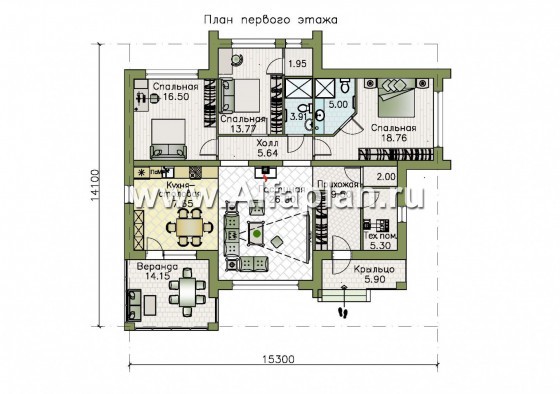 «Магнолия» — красивый проект одноэтажного дома, планировка 3 спальни, современный стиль, фасад штукатурка - превью план дома