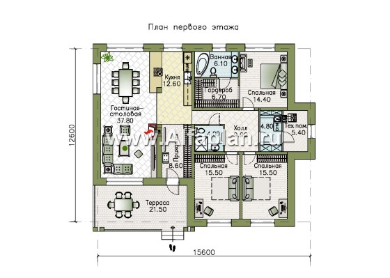 Проекты домов Альфаплан - «Риверсайд» - стильный одноэтажный коттедж с мастер-спальней - превью плана проекта №1