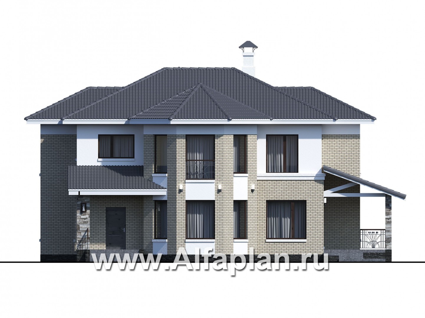 Проекты домов Альфаплан - «Меркурий» - классический двухэтажный дом с мастер-спальней в эркере - изображение фасада №1
