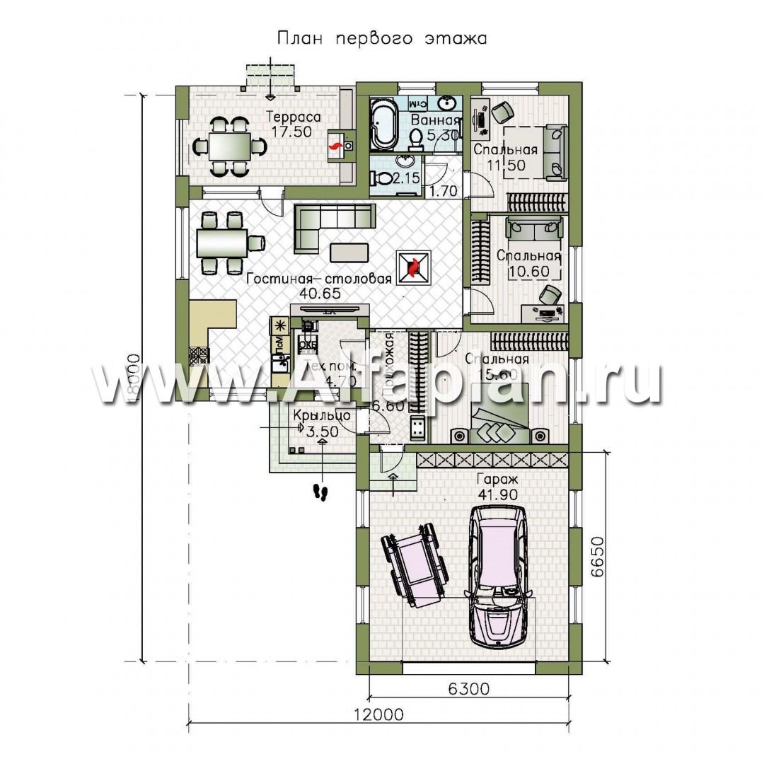 Проекты домов Альфаплан - «Калисто» - одноэтажный коттедж с гаражом на два автомобиля - план проекта №1