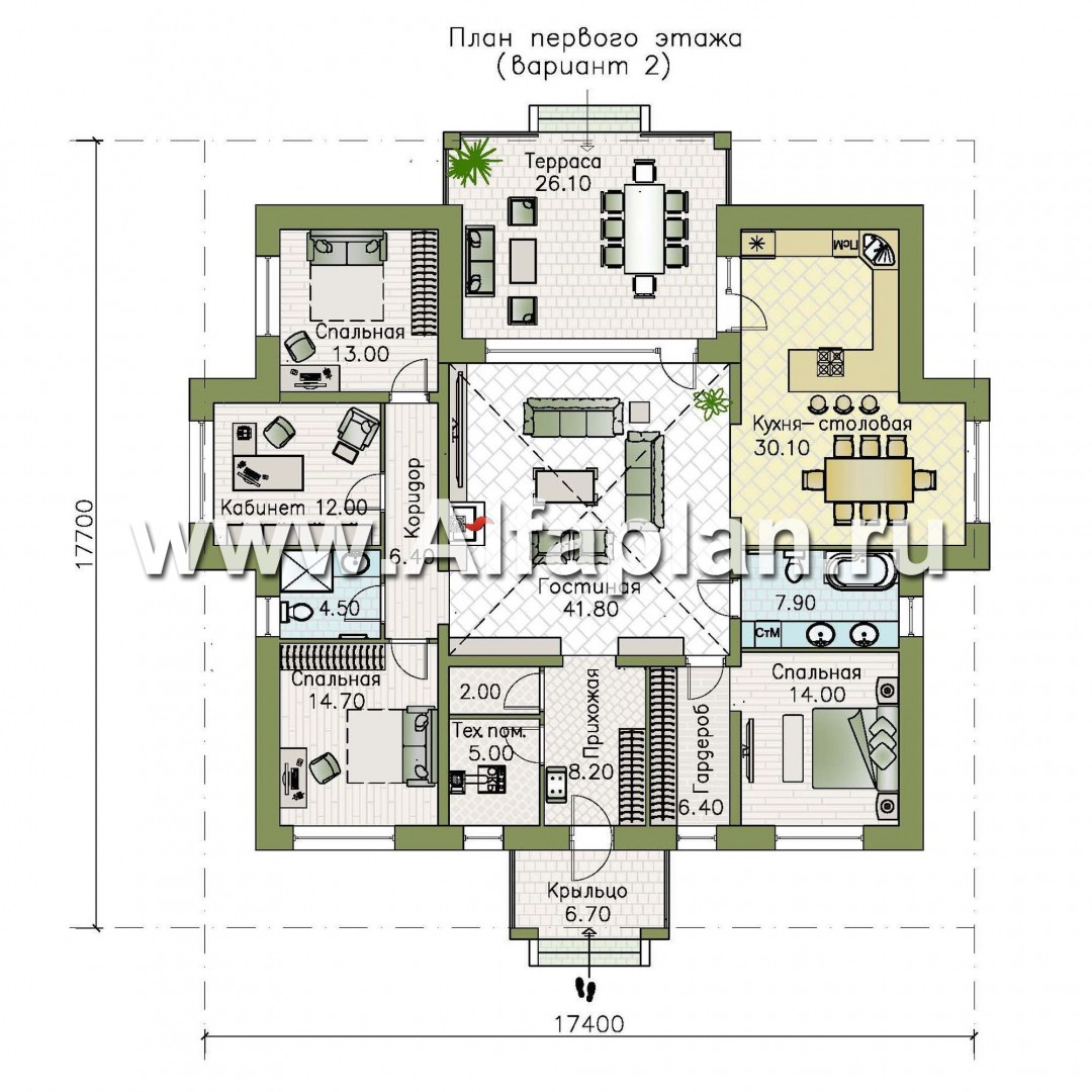 «Аккорд» - проект одноэтажного дома, квадрат в плане, с террасой, мастер спальня - план дома