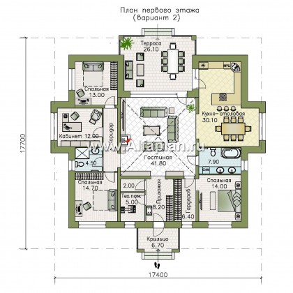 «Аккорд» - проект одноэтажного дома, квадрат в плане, с террасой, мастер спальня - превью план дома