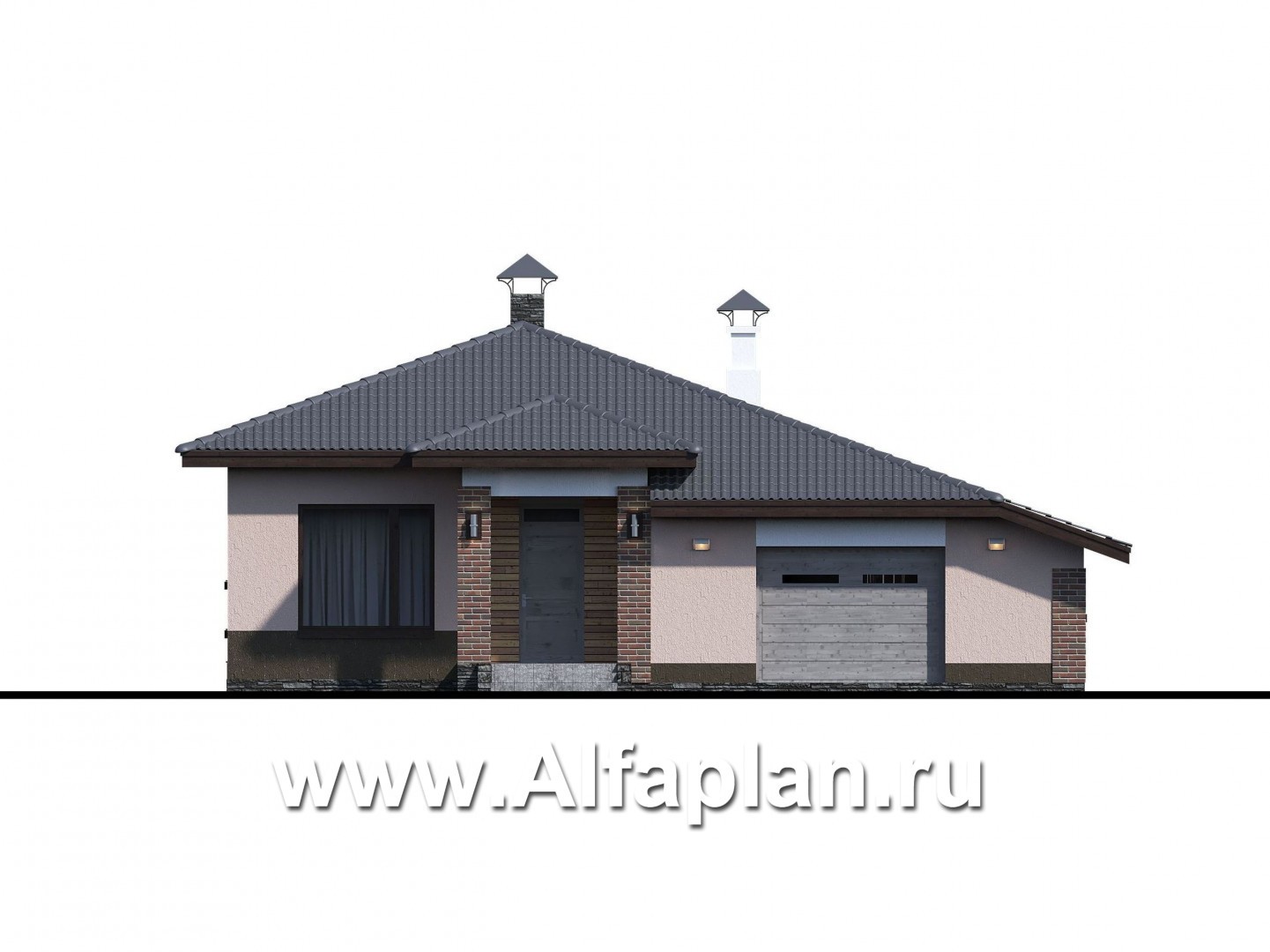 «Каллиопа» - проект одноэтажного дома, 2 спальни, с террасой и с расширенным гаражом, в современном стиле - фасад дома