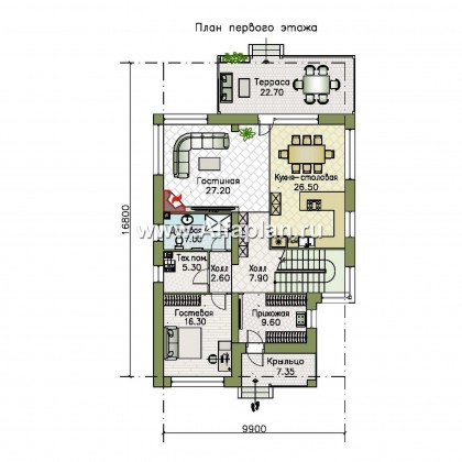 «Золотой ключик» — проект двухэтажного дома из кирпича, современный стиль, все спальни с душевой - превью план дома