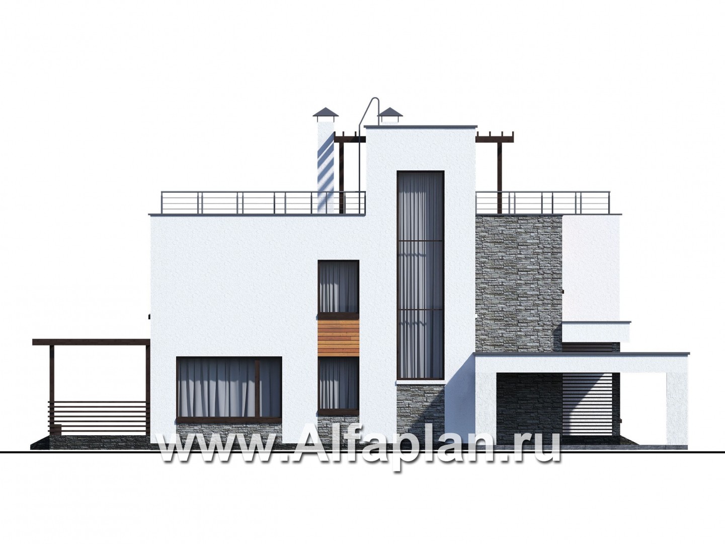 «Золотой ключик» — проект двухэтажного дома из кирпича, современный стиль, все спальни с душевой, с навесом на 2 авто - фасад дома