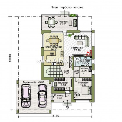 «Золотой ключик» — проект двухэтажного дома из кирпича, современный стиль, все спальни с душевой, с навесом на 2 авто - превью план дома