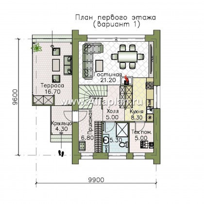 «Барн» - проект дома с мансардой, современный стиль барнхаус, с сауной, с боковой террасой - превью план дома