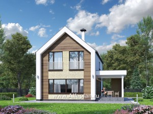 «Барн» - проект дома с мансардой, современный стиль барнхаус, с сауной, с боковой террасой