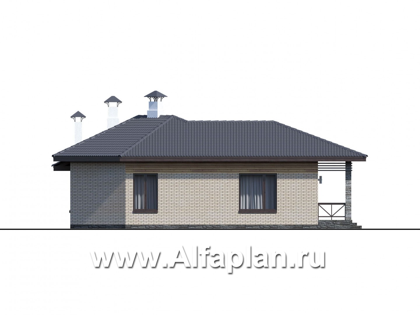 Проекты домов Альфаплан - "Ореол" - проект углового одноэтажного дома с террасой - изображение фасада №3