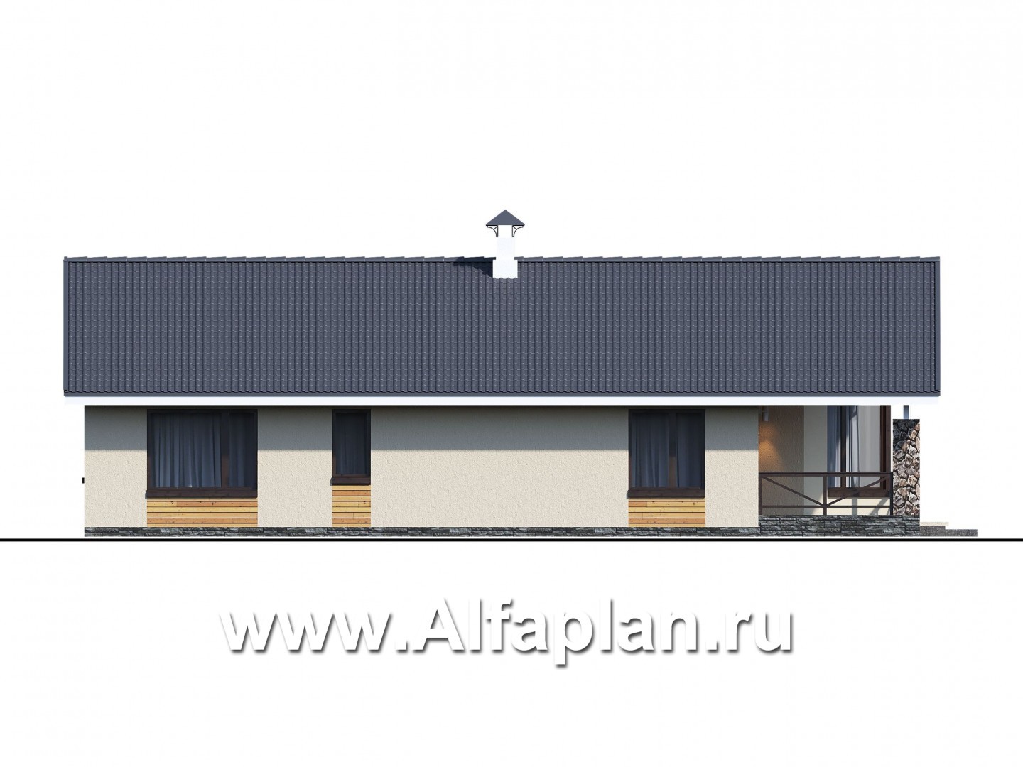Проекты домов Альфаплан - «Вектор Плюс» - одноэтажный дом с тремя спальнями, террасой и сауной - изображение фасада №2